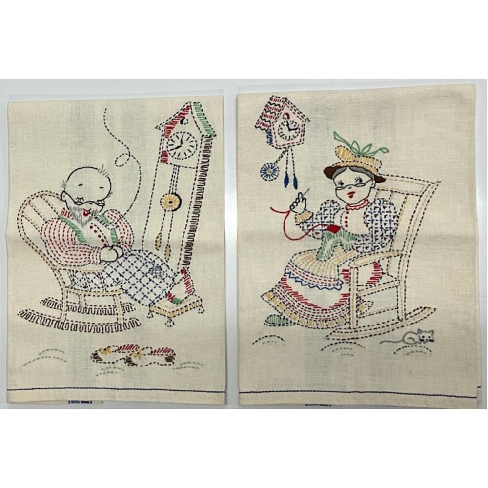 Vintage 2 Handmade Embroidery Kitchen Dish Towels Grandma Grandpa Rock'n NEW